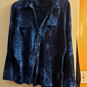 Rock & Republic Long Sleeve Button Up Top Deep Blue Tie Dye Cotton 1X